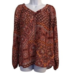 Democracy Boho Peasant Blouse Women's Size M Paisley Print Long Sleeve V Neck‎